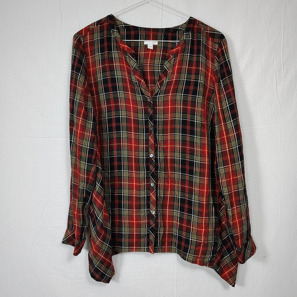 J.Jill Size Large Long Sleeve Autumn Plaid Shirt Tunic 100% Rayon Button Up